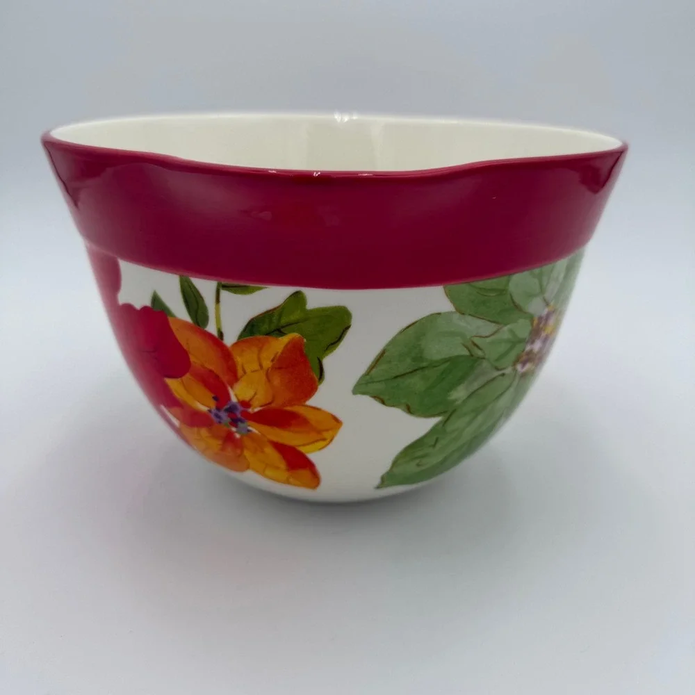Pioneer Woman Poinsettia Stoneware Batter Bowl 2.83qt Red Floral w/ Spout Handle